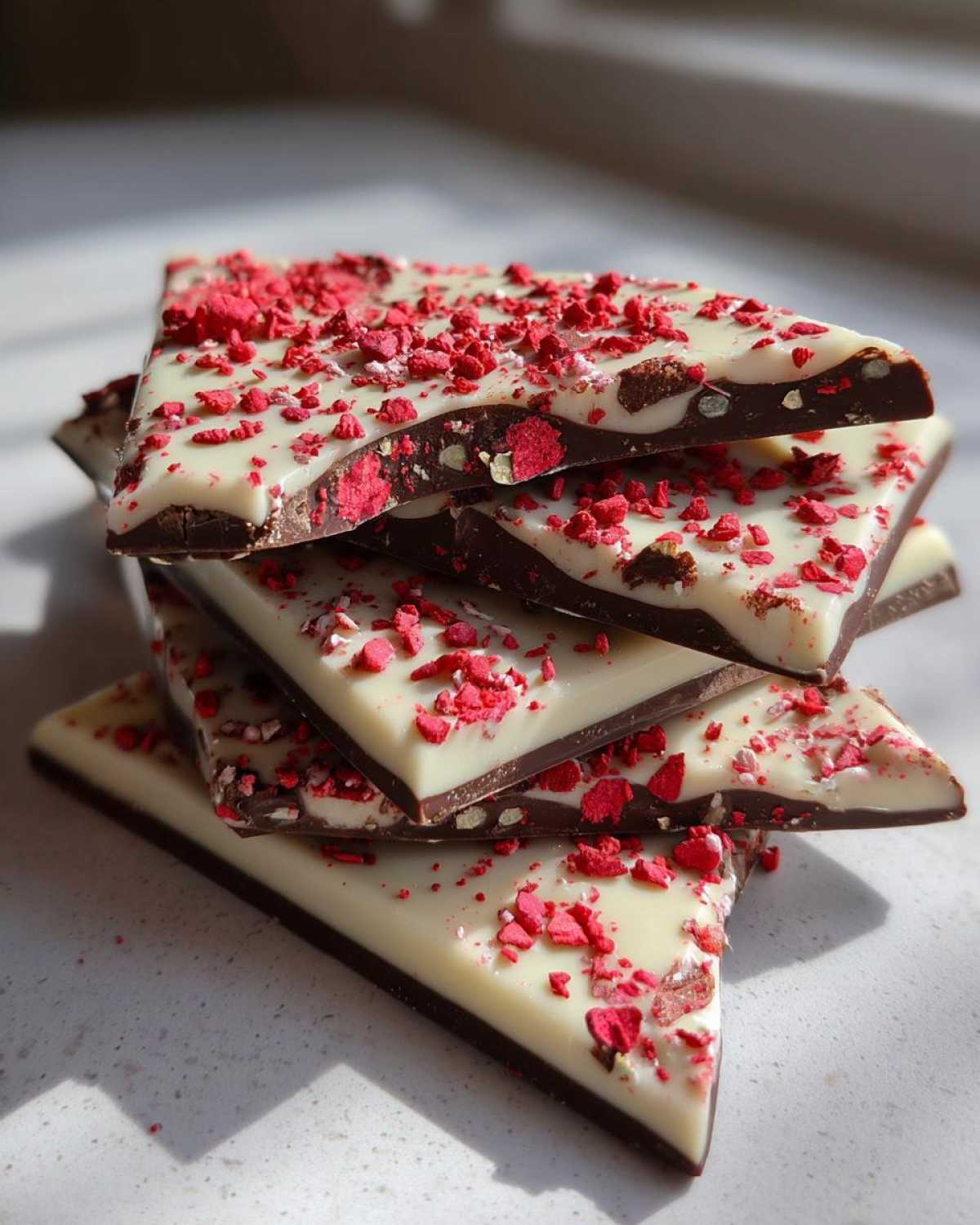 A stack of triangular pieces of Chocolate Covered Strawberry Bark featuring dark chocolate, white chocolate, and freeze-dried raspberry crumbles.