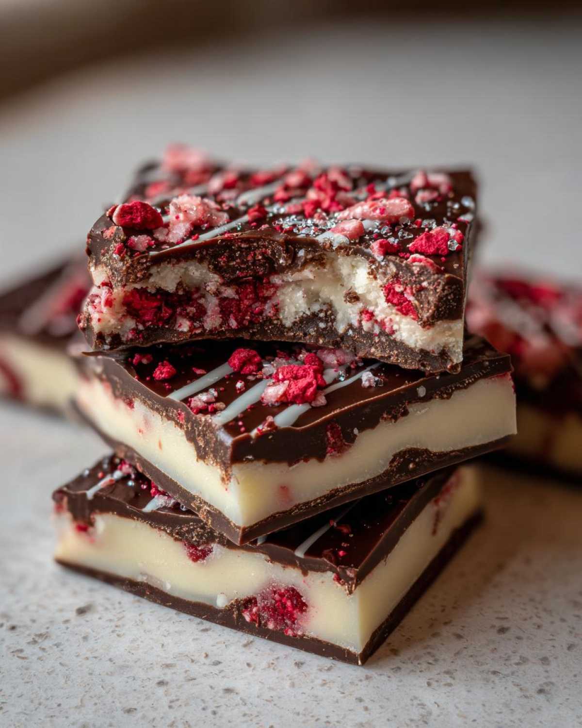 Three stacked squares of Chocolate Covered Strawberry Bark showing white filling, dark chocolate, and crushed freeze-dried strawberries.