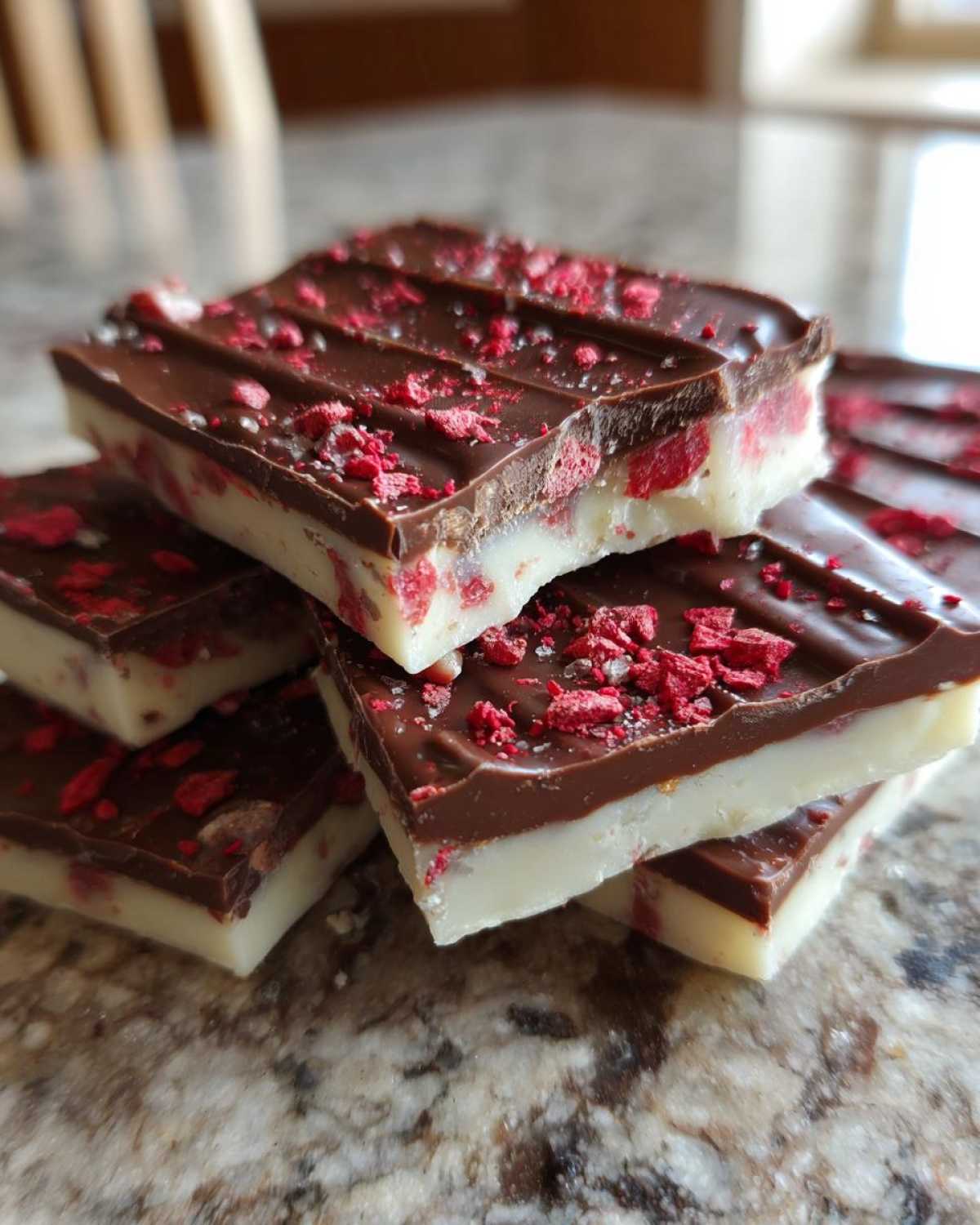 Close-up of stacked squares of Chocolate Covered Strawberry Bark showing white fudge, dark chocolate, and red freeze-dried strawberry pieces.