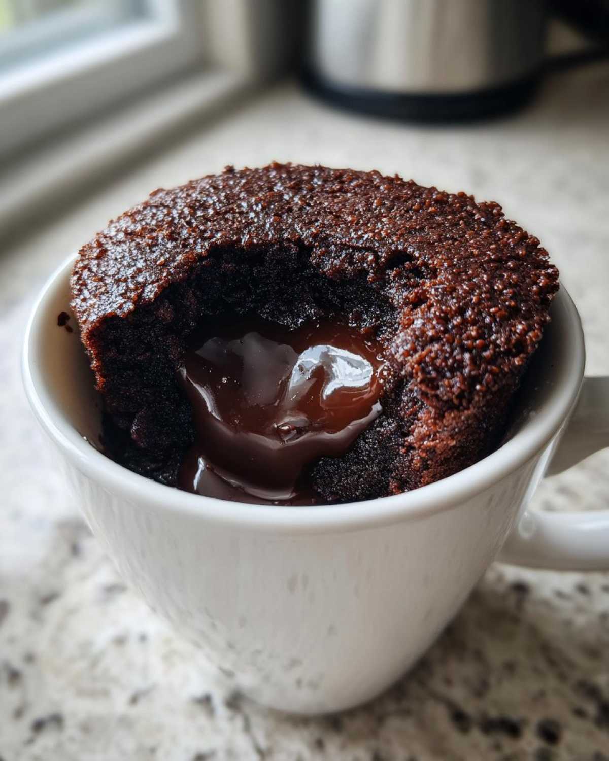 Close-up of a Chocolate Lava Mug Cake in a white mug with molten chocolate oozing out.