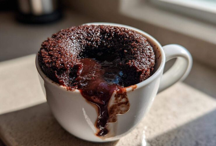 A close-up of a freshly baked Chocolate Lava Mug Cake overflowing with melted chocolate sauce in a white mug.