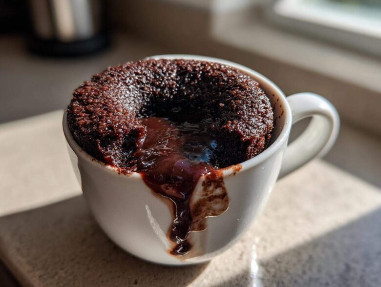 A close-up of a freshly baked Chocolate Lava Mug Cake overflowing with melted chocolate sauce in a white mug.