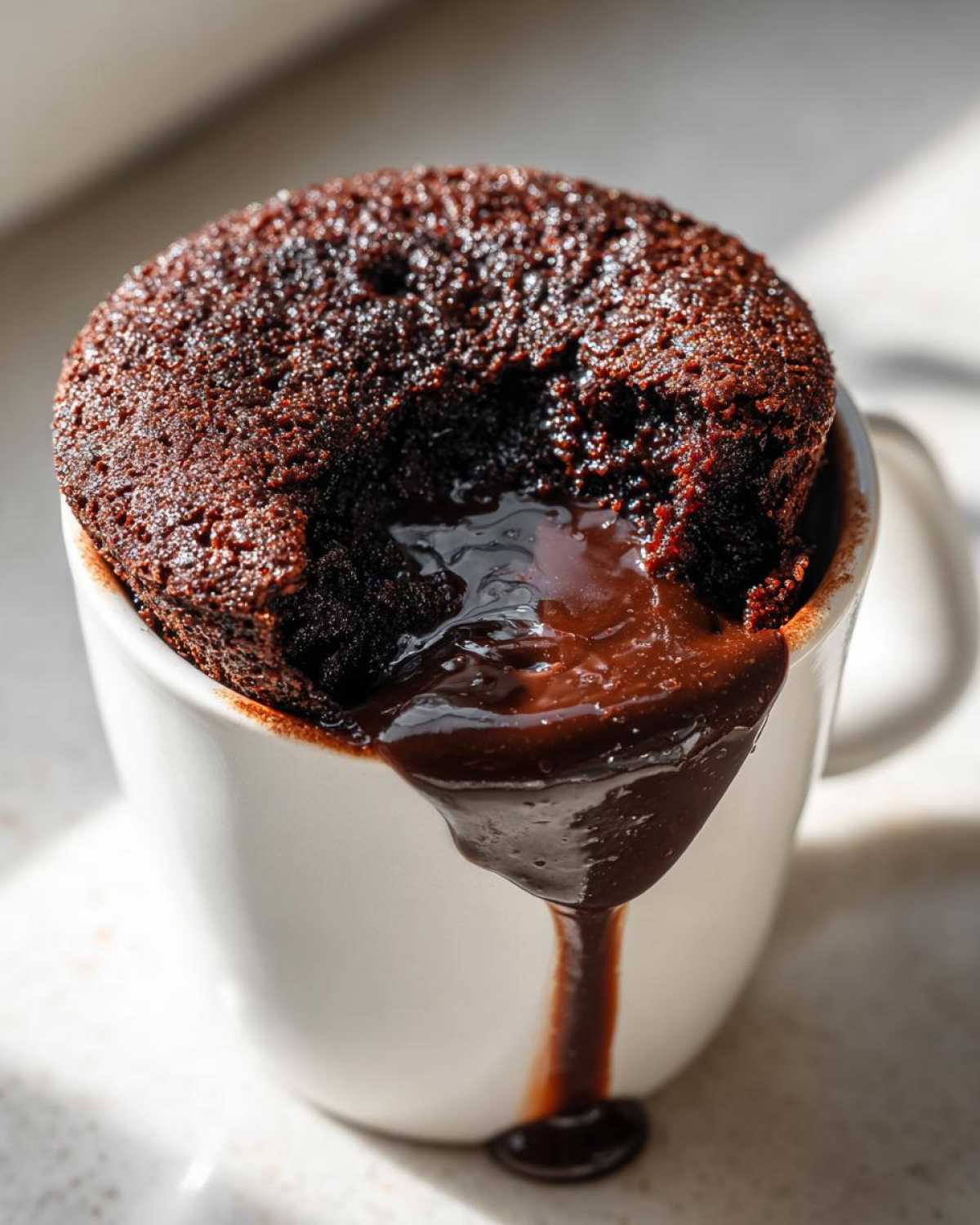 Close-up of a Chocolate Lava Mug Cake with rich, molten chocolate flowing over the side of a white mug.