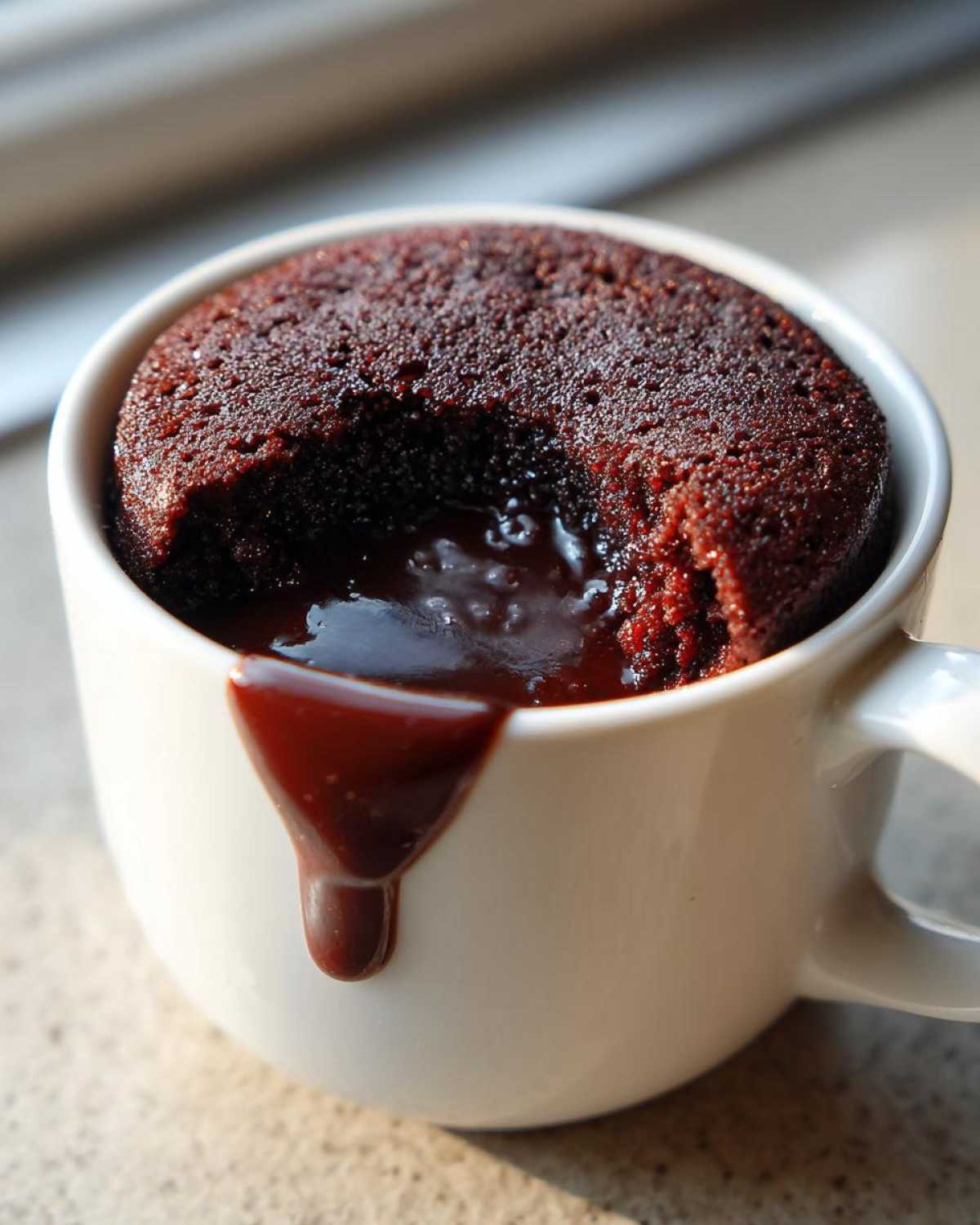 Close-up of a freshly baked Chocolate Lava Mug Cake with molten chocolate oozing out of a bite mark.