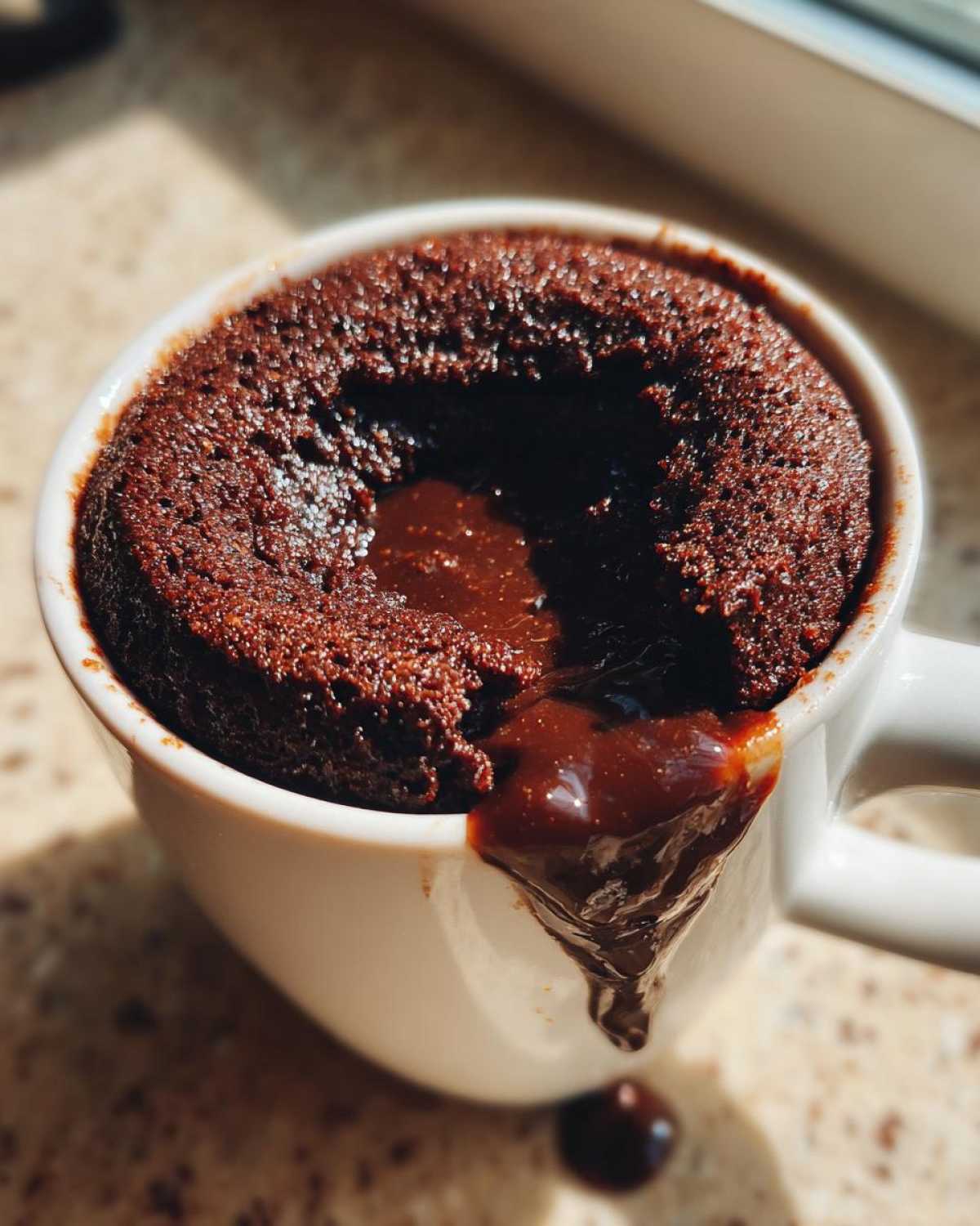 Close-up of a Chocolate Lava Mug Cake overflowing with molten chocolate sauce in a white mug.