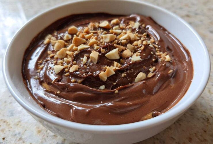A close-up of rich Chocolate Peanut Butter Cheesecake Dip topped with chopped peanuts in a white bowl.