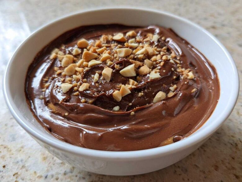A close-up of rich Chocolate Peanut Butter Cheesecake Dip topped with chopped peanuts in a white bowl.