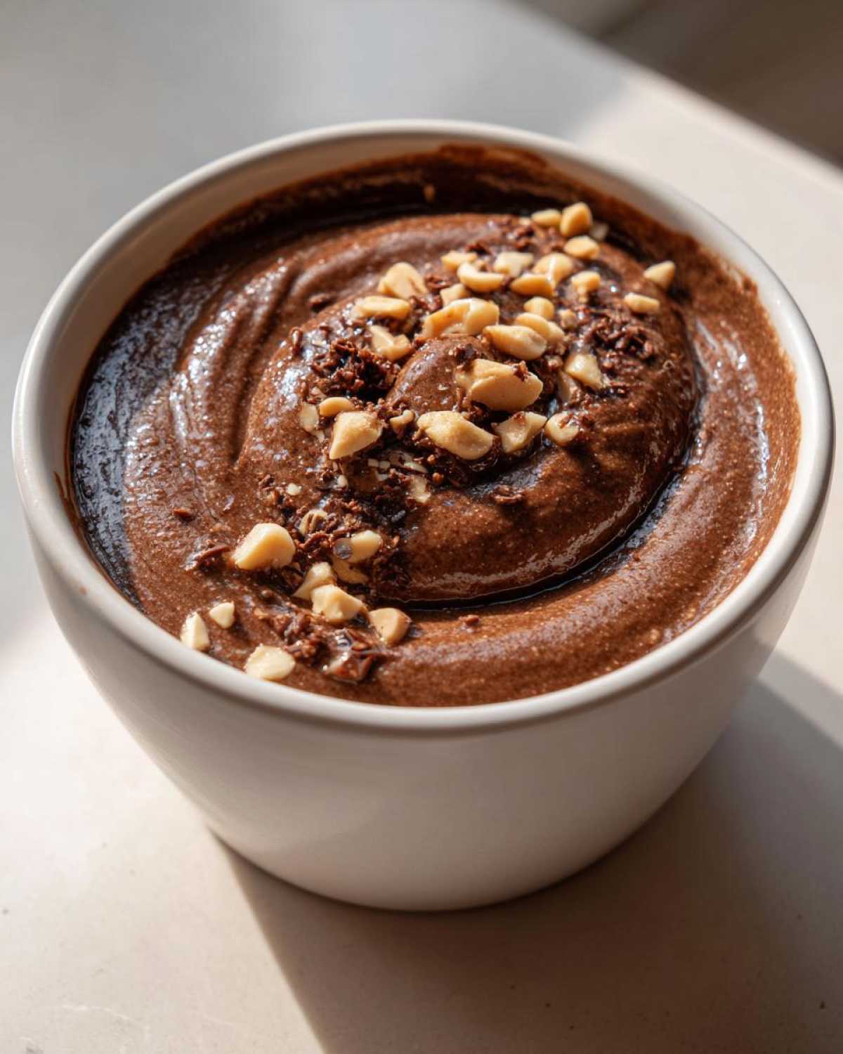 Close-up of rich Chocolate Peanut Butter Cheesecake Dip topped with chopped peanuts and chocolate shavings in a white bowl.