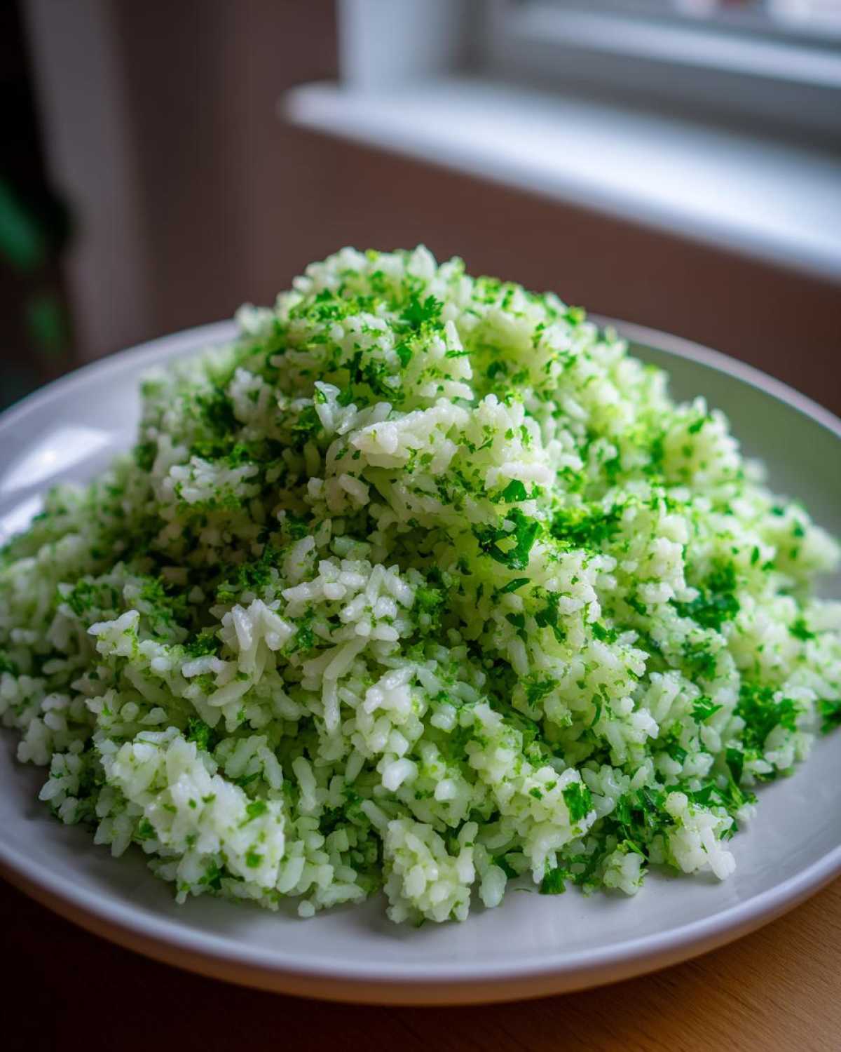 A mound of fluffy Cilantro Lime Rice, bright green from fresh herbs, served on a light gray plate.