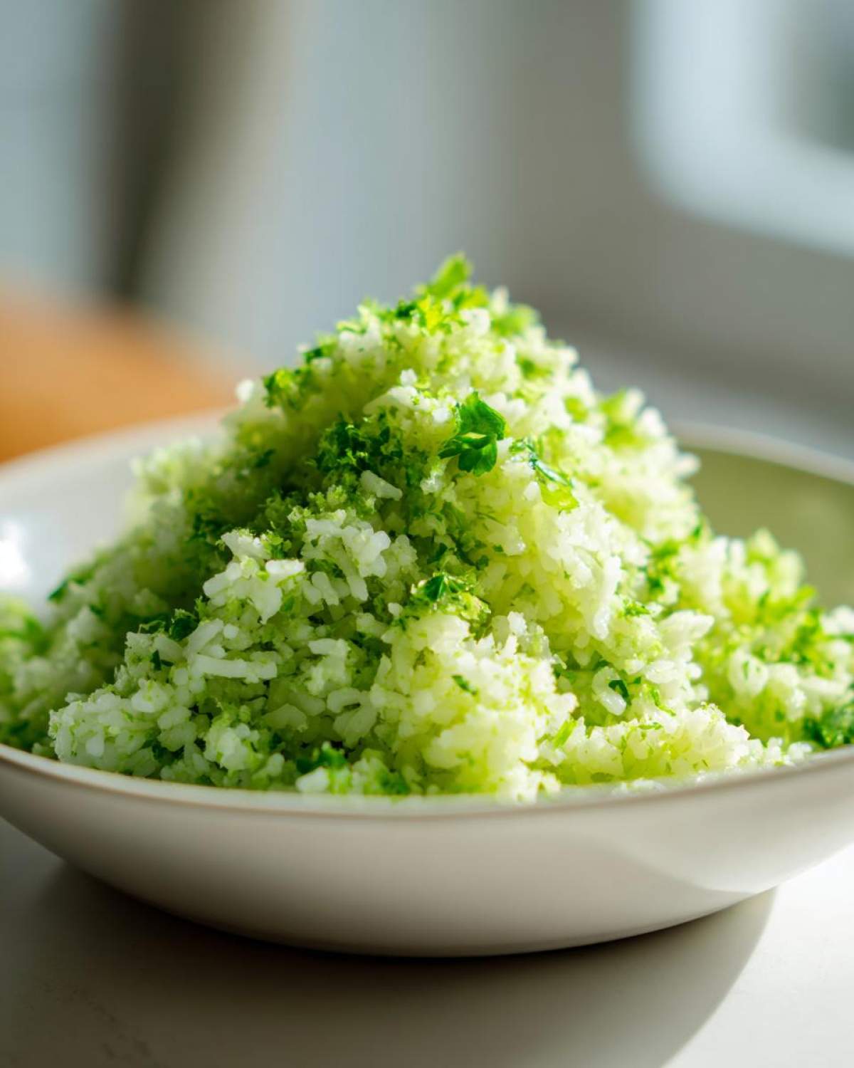 A mound of fluffy Cilantro Lime Rice for Burrito Bowls, bright green from fresh herbs, served in a light-colored bowl.