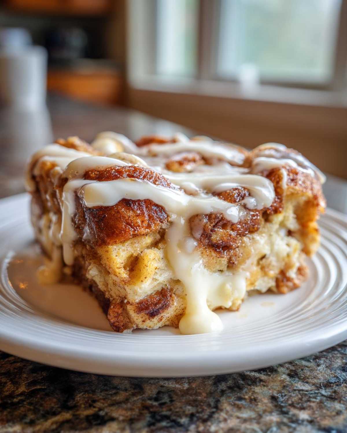 A close-up of a serving of Cinnamon Roll Overnight French Toast Bake dripping with sweet vanilla icing.
