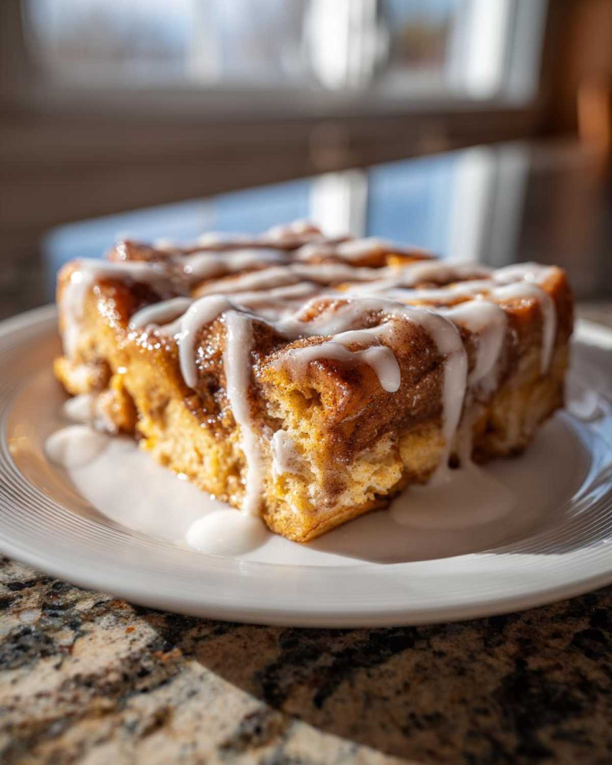 A close-up of a serving of Cinnamon Roll Overnight French Toast Bake drizzled heavily with white icing.