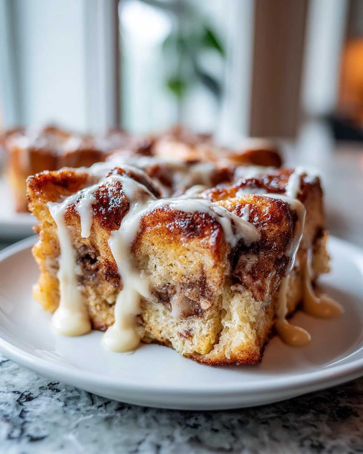 Close-up of a square serving of Cinnamon Roll Overnight French Toast Bake drizzled with thick white icing.