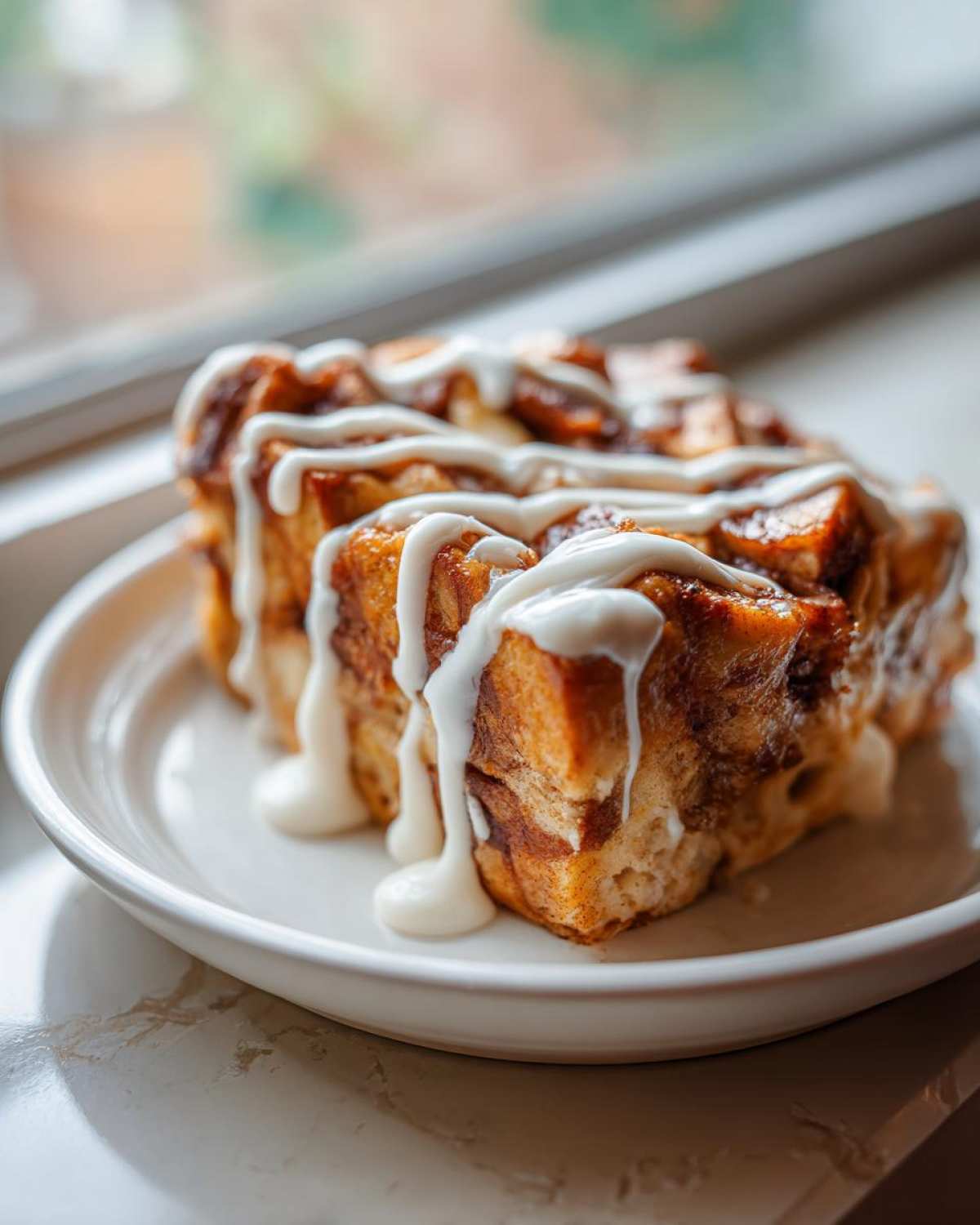 A close-up of a serving of Cinnamon Roll Overnight French Toast Bake drizzled with white icing.