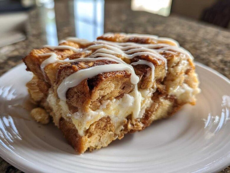 A close-up of a single serving of Cinnamon Roll Overnight French Toast Bake drizzled with white icing on a white plate.