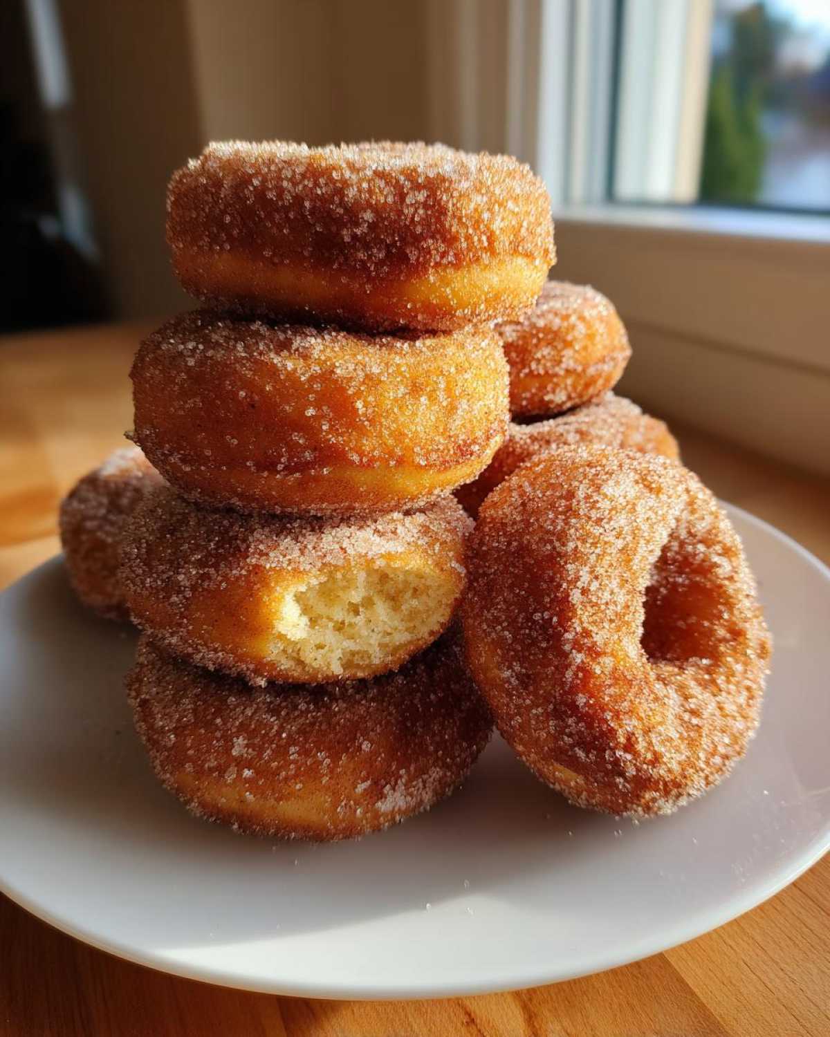 A stack of freshly made Cinnamon Sugar Air Fryer Donuts coated in sparkling sugar on a white plate.