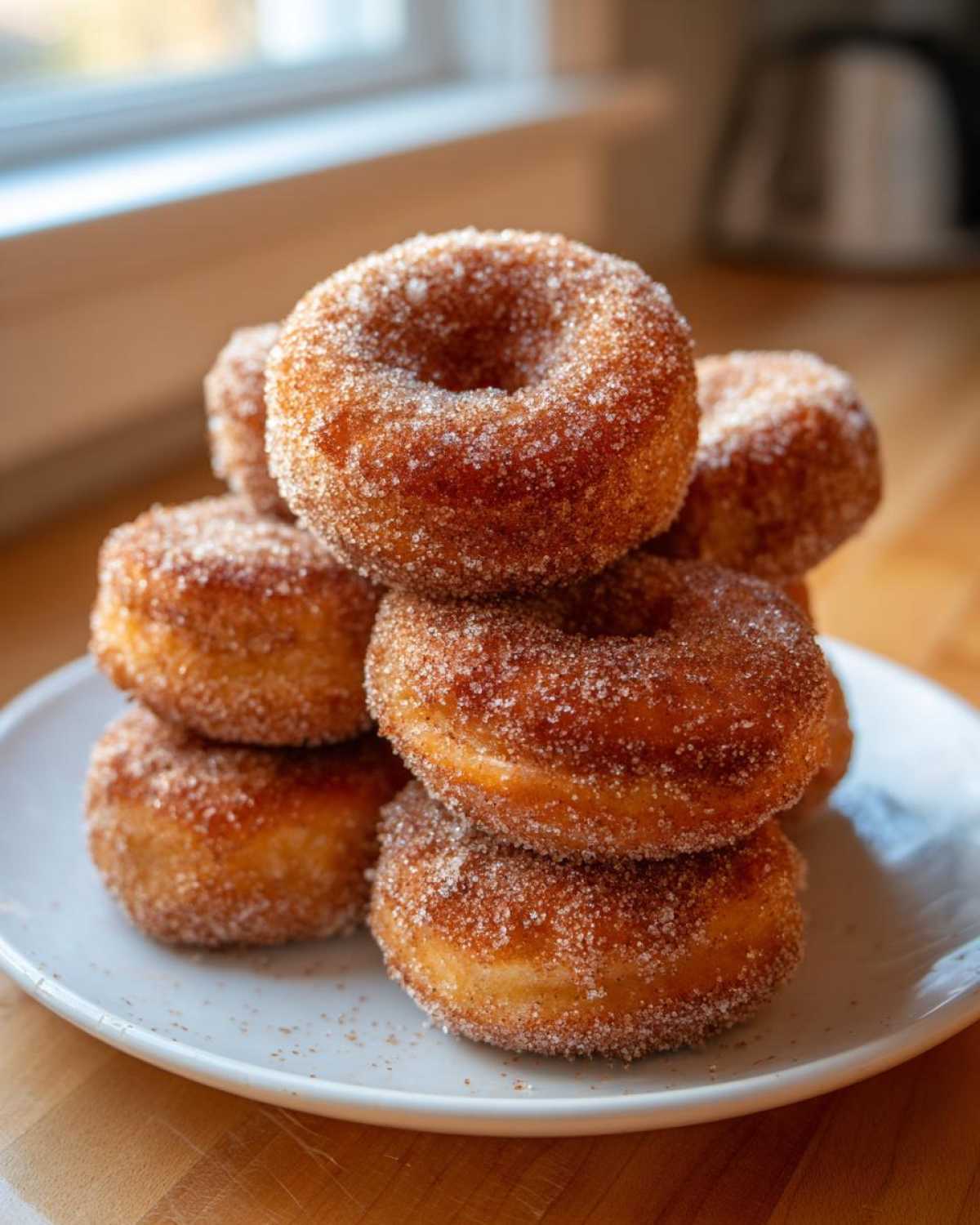 A tall stack of golden brown Cinnamon Sugar Air Fryer Donuts coated heavily in sparkling cinnamon sugar.