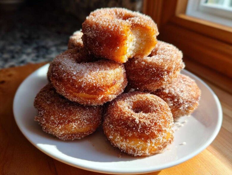 A tempting stack of golden Cinnamon Sugar Air Fryer Donuts heavily coated in sparkling sugar.