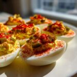 A close-up of several Classic Deviled Eggs with Dill Pickle Relish, topped with paprika and chopped pickles.