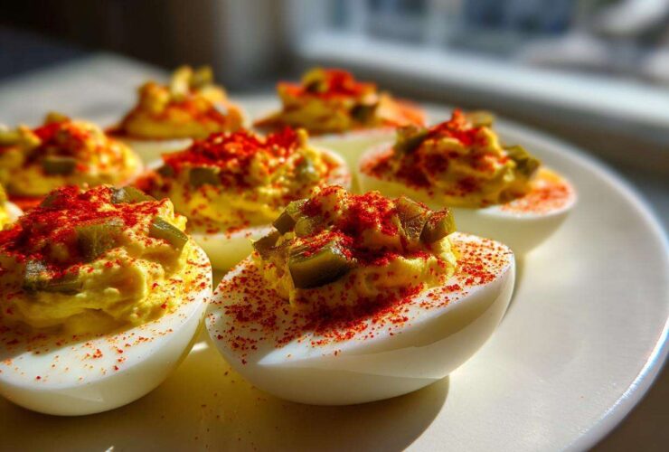 A close-up of several Classic Deviled Eggs with Dill Pickle Relish, topped with paprika and chopped pickles.
