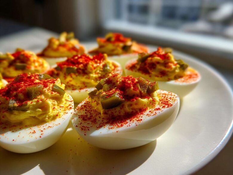 A close-up of several Classic Deviled Eggs with Dill Pickle Relish, topped with paprika and chopped pickles.