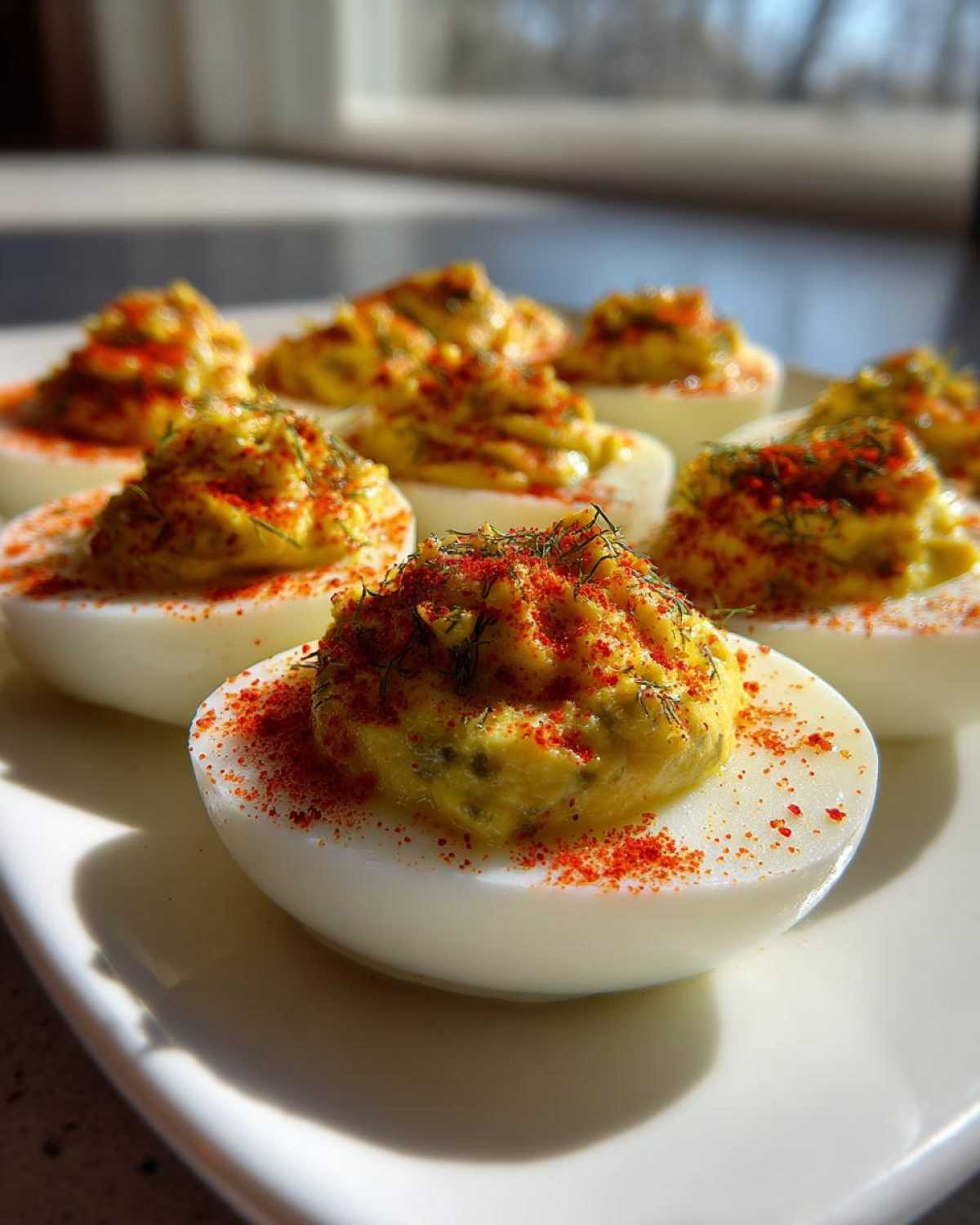 A close-up of several Classic Deviled Eggs with Dill Pickle Relish, topped with paprika and dill, on a white plate.