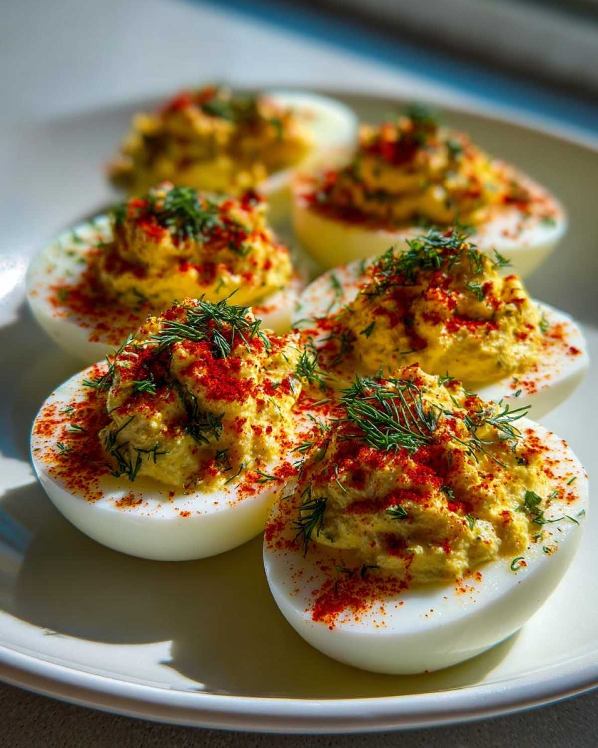 Close-up of Classic Deviled Eggs with Dill Pickle Relish, topped with paprika and fresh dill.