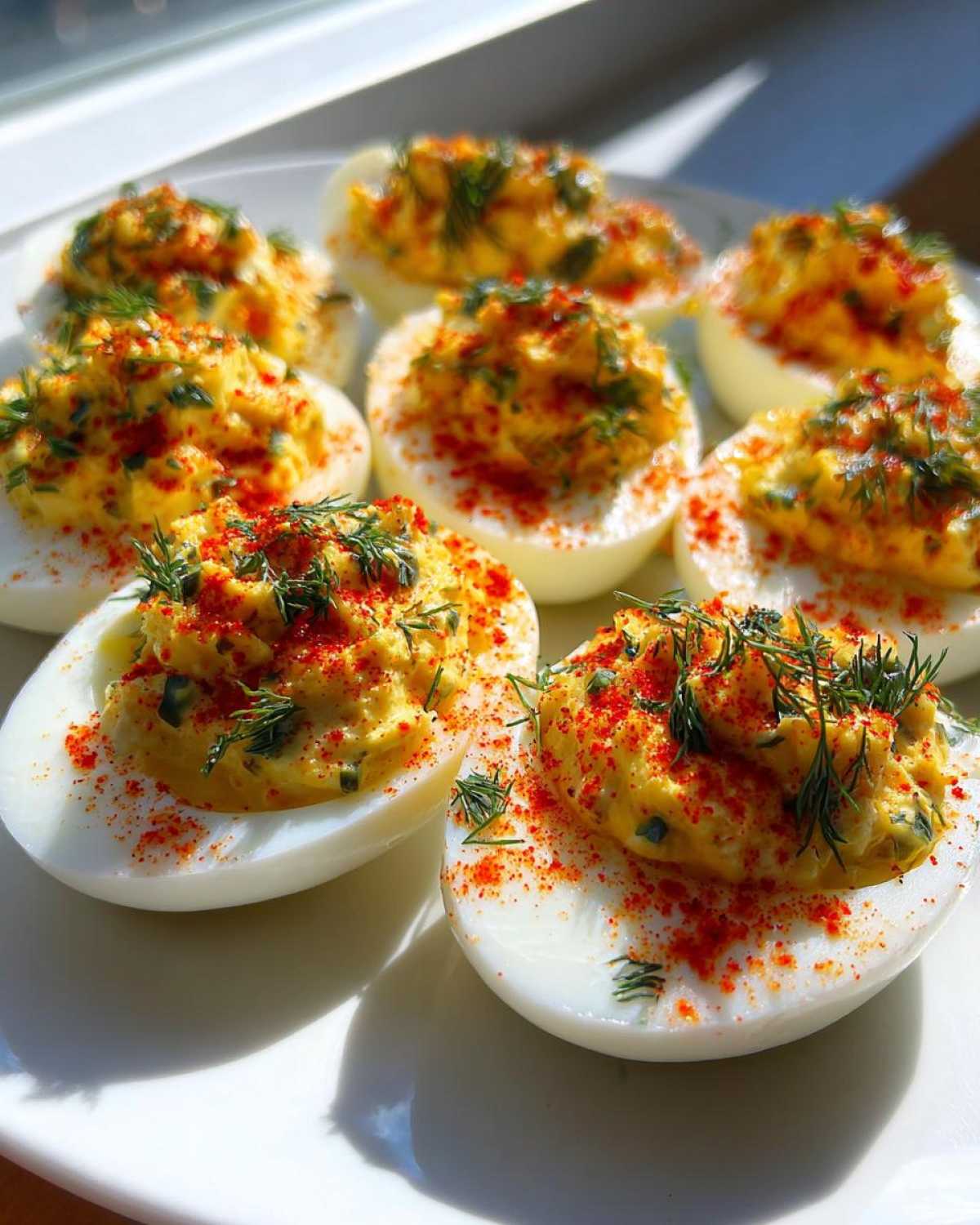 A plate of perfectly made Classic Deviled Eggs with Dill Pickle Relish, topped with paprika and fresh dill.