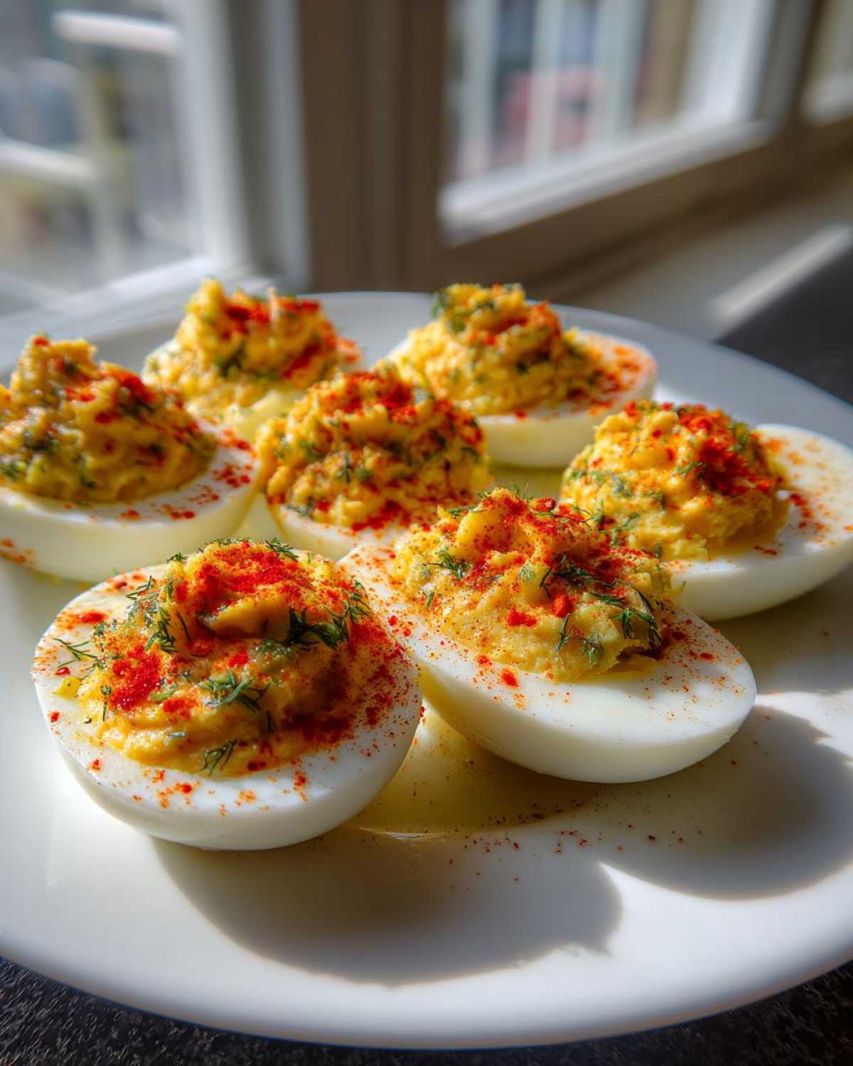Close-up of six Classic Deviled Eggs with Dill Pickle Relish, topped with paprika and dill, served on a white plate.