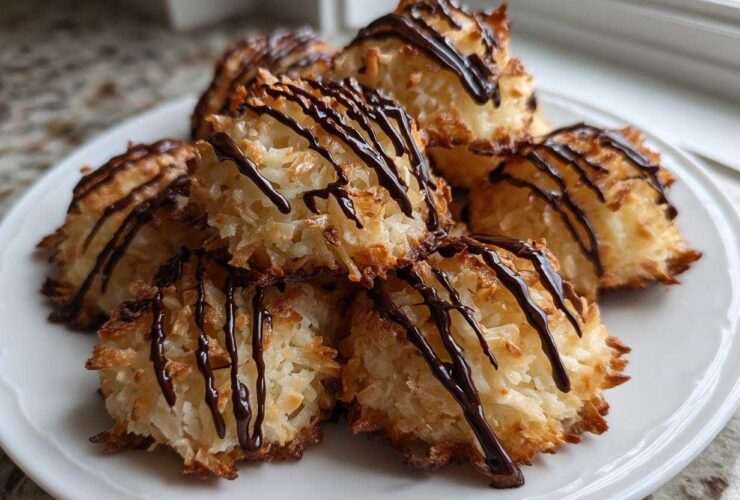 A pile of golden brown Coconut Macaroons with Dark Chocolate Drizzle stacked on a white plate.