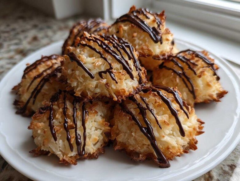 A pile of golden brown Coconut Macaroons with Dark Chocolate Drizzle stacked on a white plate.