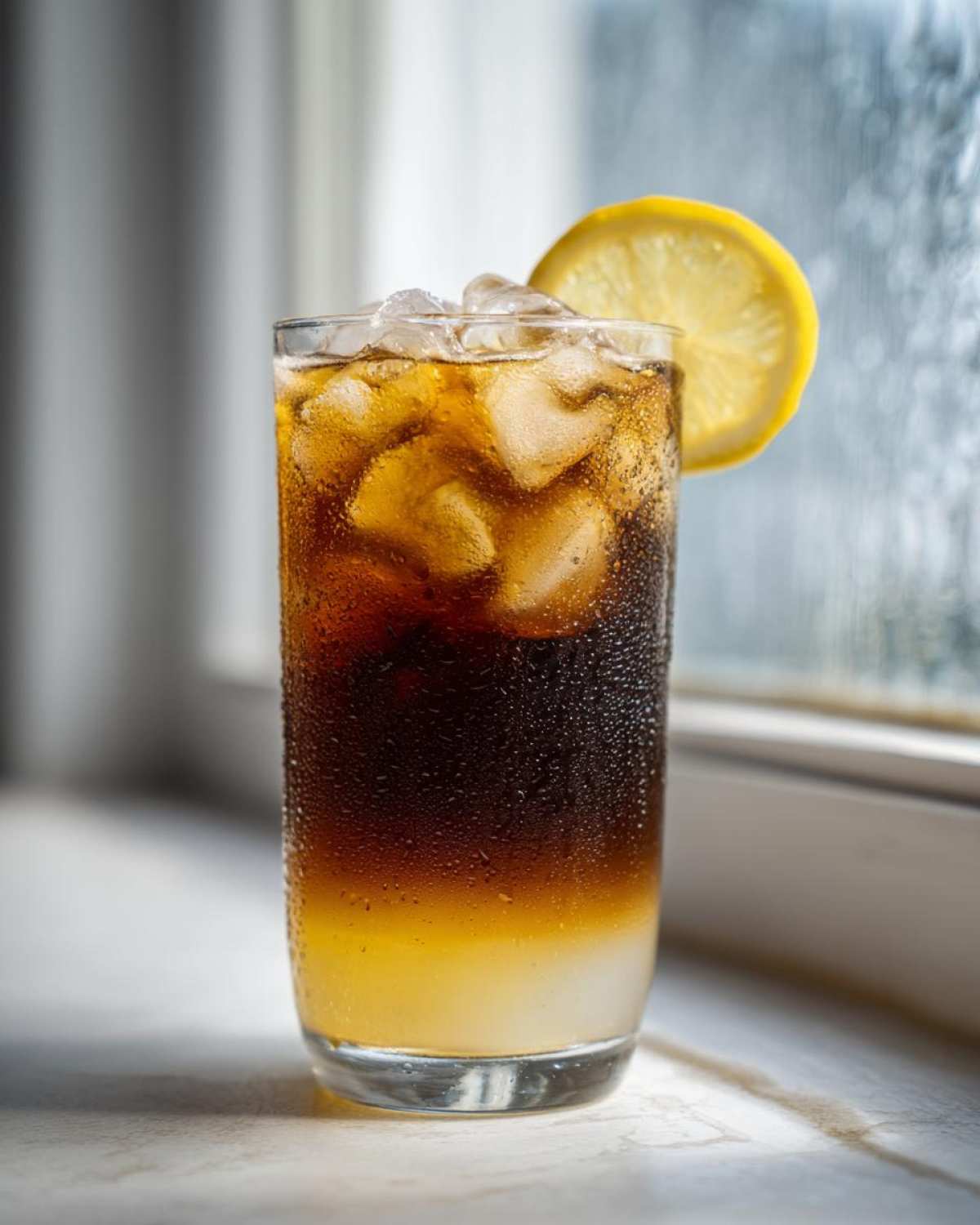 A tall, sweating glass filled with layered Cold Brew Lemonade, ice, and a lemon wheel garnish.