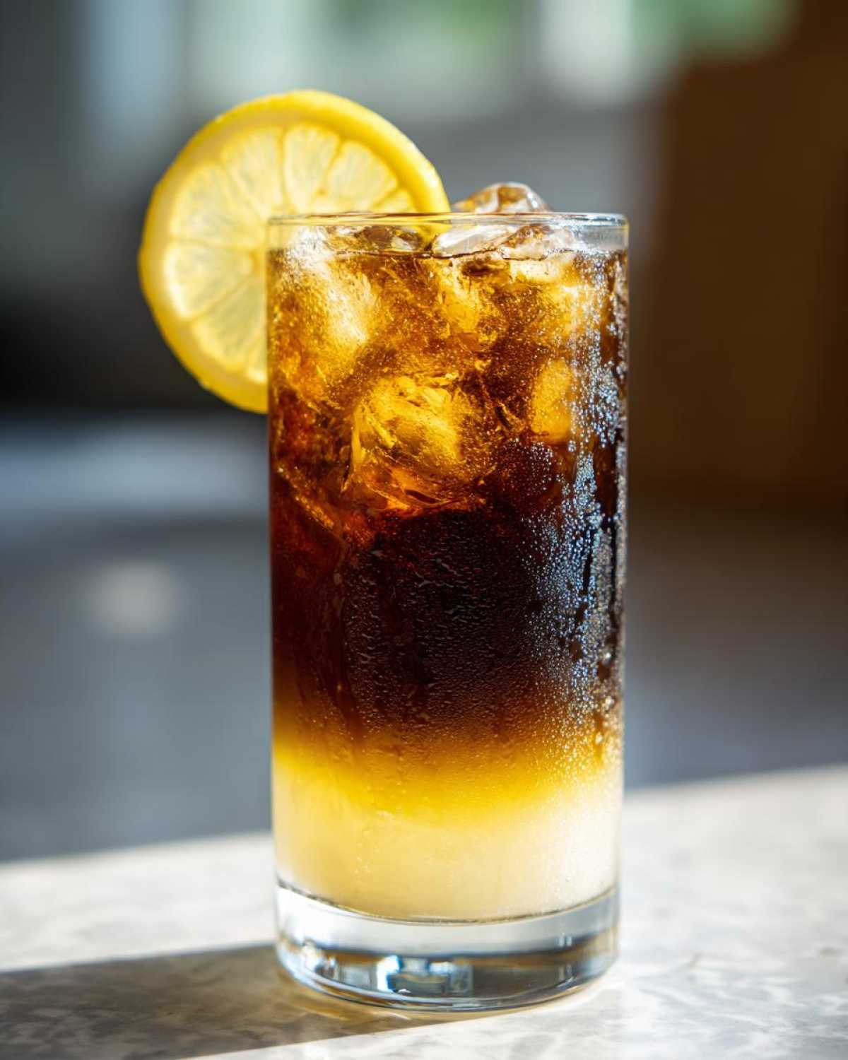 A tall glass filled with layered Cold Brew Lemonade, ice, and garnished with a fresh lemon slice.