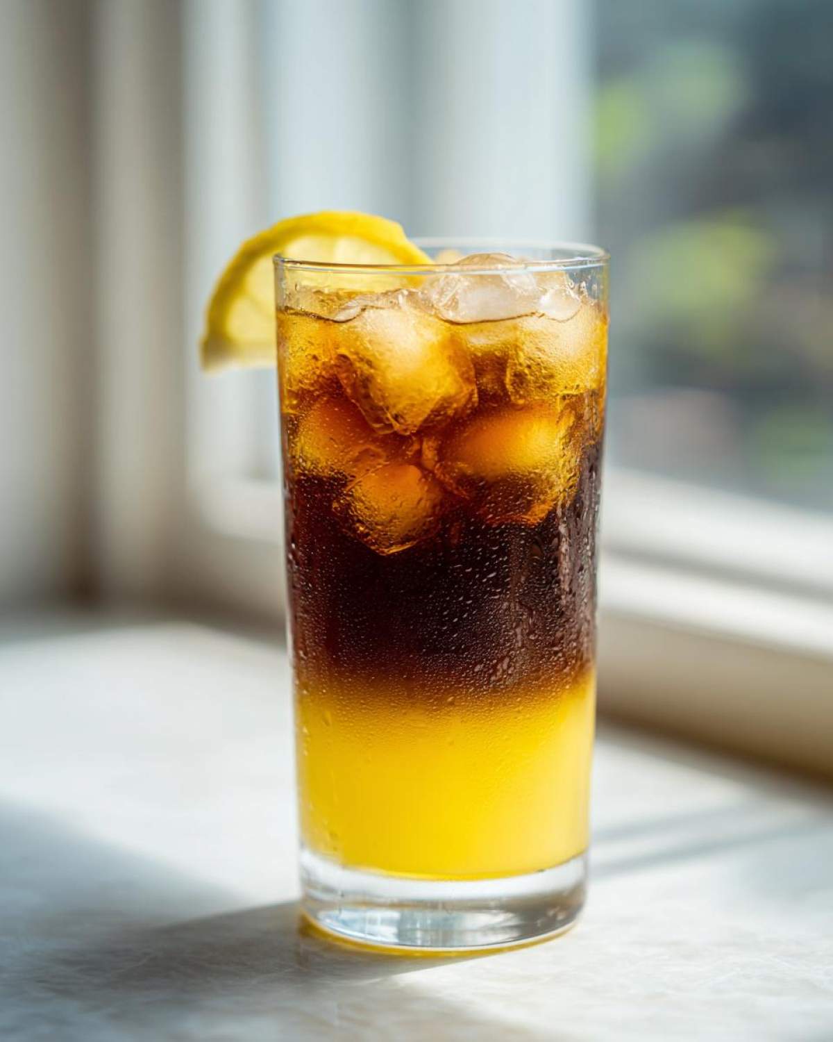 A tall glass of layered Cold Brew Lemonade with ice cubes and a lemon slice garnish.