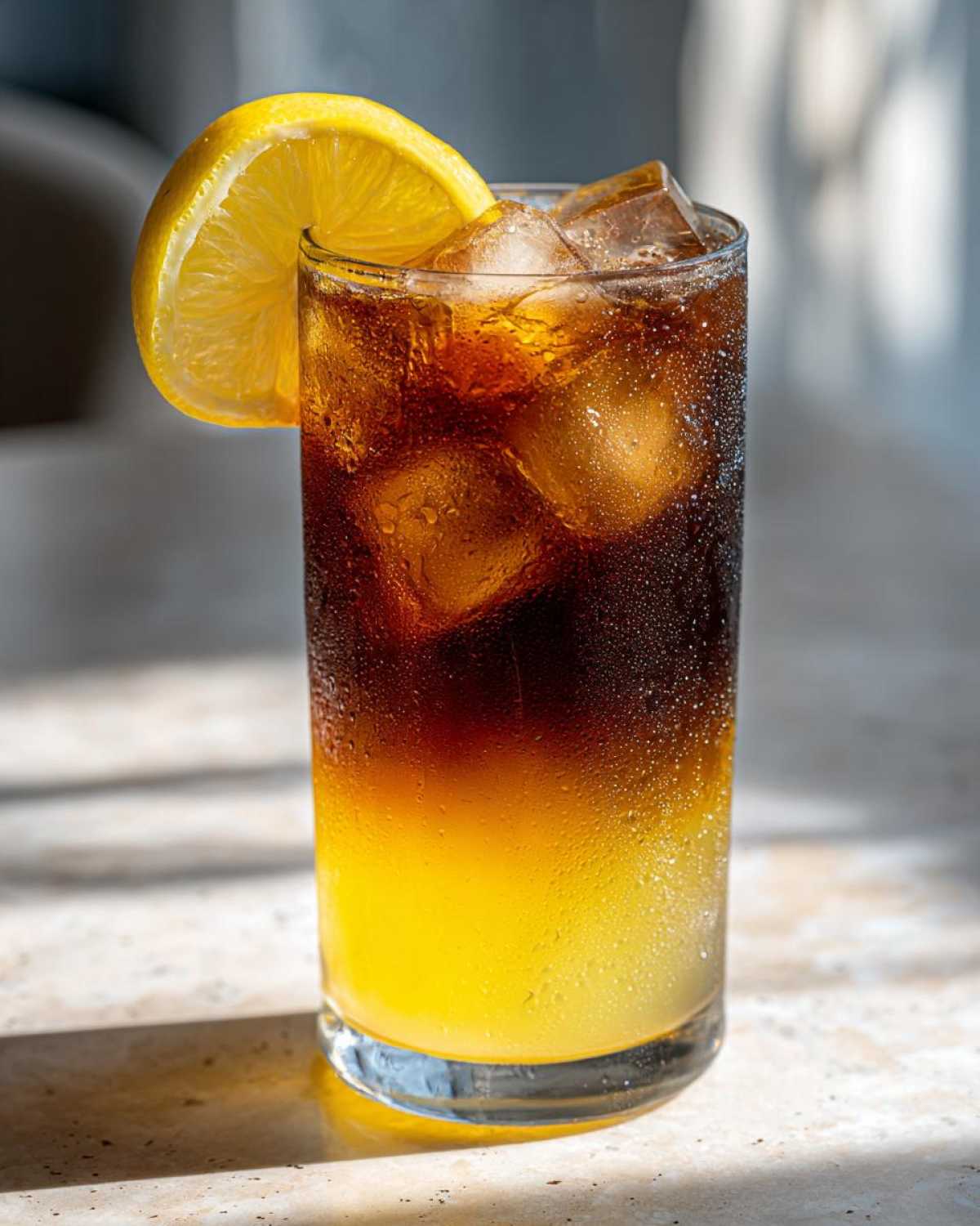 Close-up of a tall glass containing layered Cold Brew Lemonade with ice and a lemon slice garnish.
