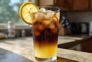 A tall glass showing layered Cold Brew Lemonade with ice, a lemon slice garnish, and condensation.