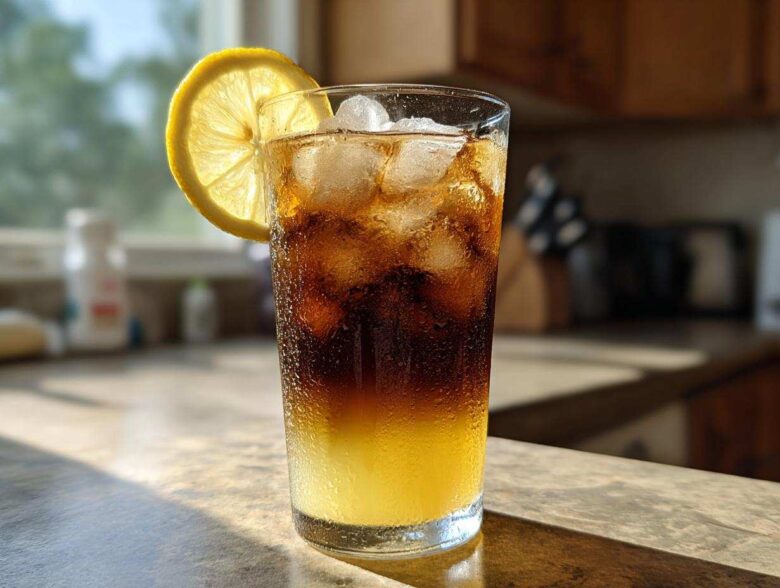 A tall glass showing layered Cold Brew Lemonade with ice, a lemon slice garnish, and condensation.