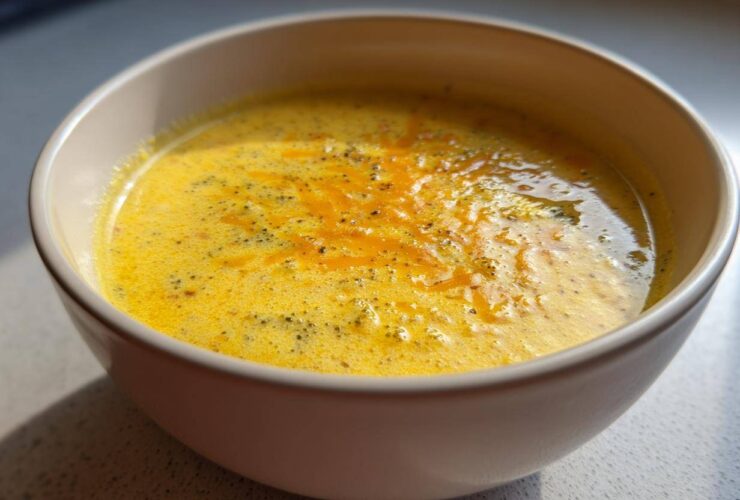 Close-up of a bowl filled with creamy, yellow Copycat Broccoli Cheddar Soup topped with melted cheddar.