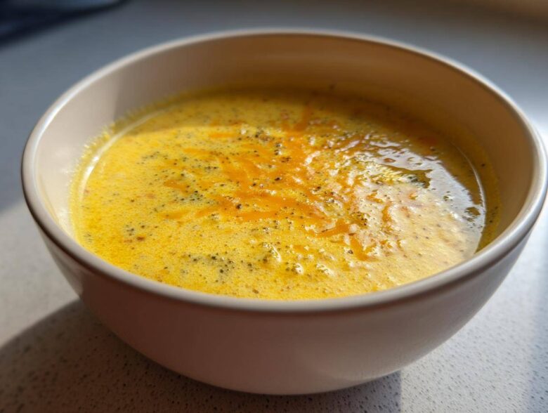 Close-up of a bowl filled with creamy, yellow Copycat Broccoli Cheddar Soup topped with melted cheddar.