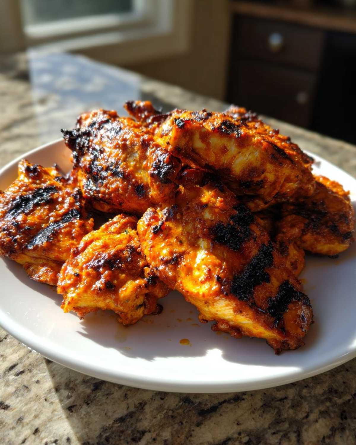 A pile of grilled, brightly seasoned Copycat Chipotle Chicken pieces resting on a white plate.