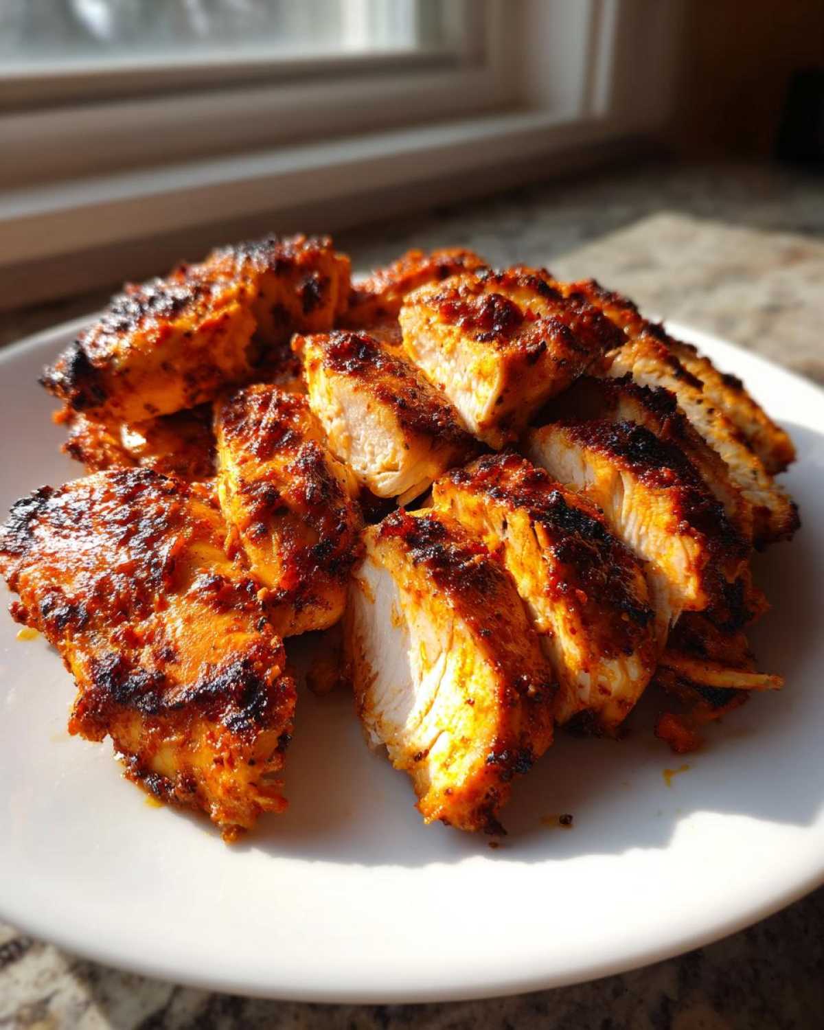 Close-up of sliced Copycat Chipotle Chicken pieces showing juicy white meat and rich red seasoning on a white plate.
