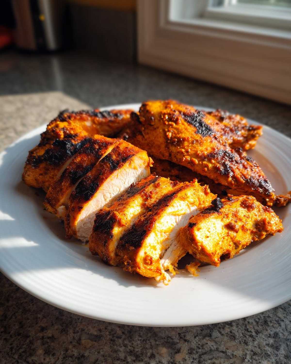 Slices of juicy Copycat Chipotle Chicken, seasoned with orange spices and showing dark grill marks, served on a white plate.