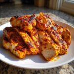 Slices of perfectly cooked Copycat Chipotle Chicken, heavily seasoned with red spices, resting on a white plate.