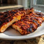 Close-up of sliced Copycat Chipotle Chicken, showing juicy white meat and a dark, flavorful, charred red spice rub.