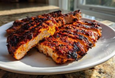 Close-up of sliced Copycat Chipotle Chicken, showing juicy white meat and a dark, flavorful, charred red spice rub.