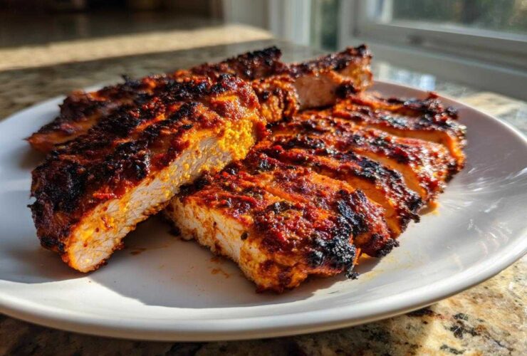 Close-up of sliced Copycat Chipotle Chicken, showing juicy white meat and a dark, flavorful, charred red spice rub.