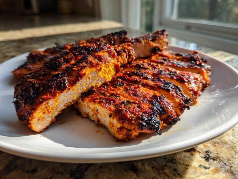 Close-up of sliced Copycat Chipotle Chicken, showing juicy white meat and a dark, flavorful, charred red spice rub.