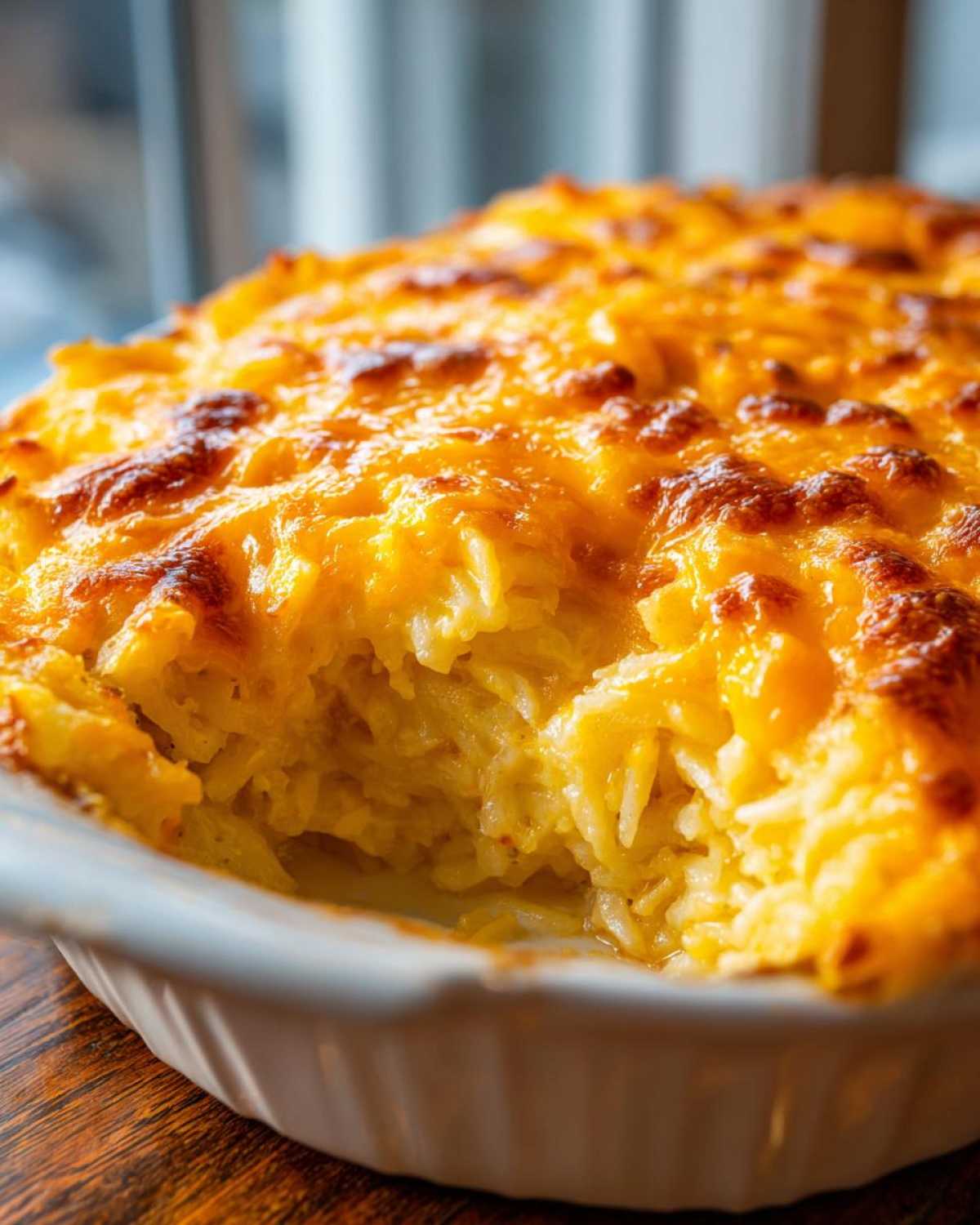 Close-up of a creamy, cheesy Copycat Cracker Barrel Hashbrown Casserole with a golden-brown, bubbly cheese topping.