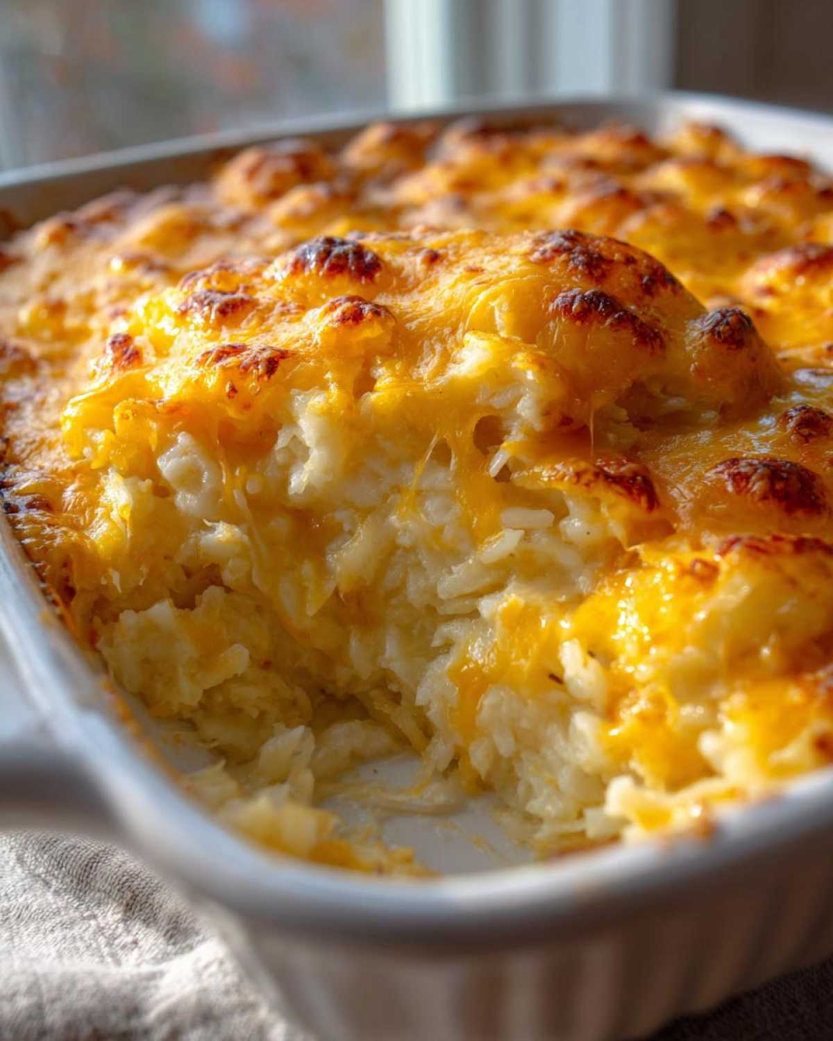 A scoop has been taken out of the Copycat Cracker Barrel Hashbrown Casserole, showing creamy shredded potatoes and melted, browned cheddar cheese.