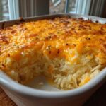 A scoop removed from a baked Copycat Cracker Barrel Hashbrown Casserole topped with melted, golden cheddar cheese.
